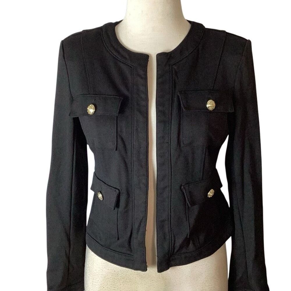 Carmen Marc Valvo Black Military Jacket Gold Buttons M Ponte Knit - Picture 3 of 10